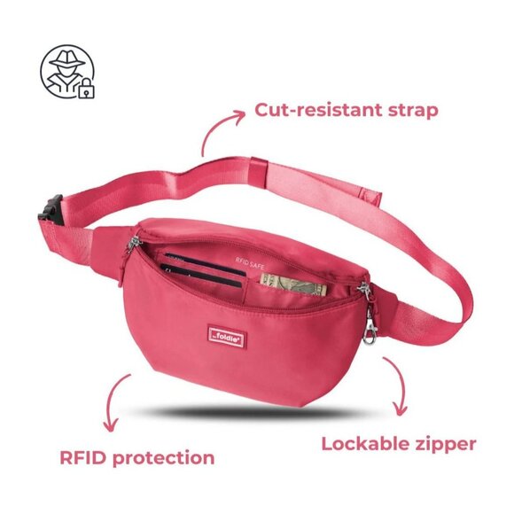 Foldie Red RFID Safe Waist Bag With Cut-Resistant Strap & Lockable Zipper - Picture 2 of 4